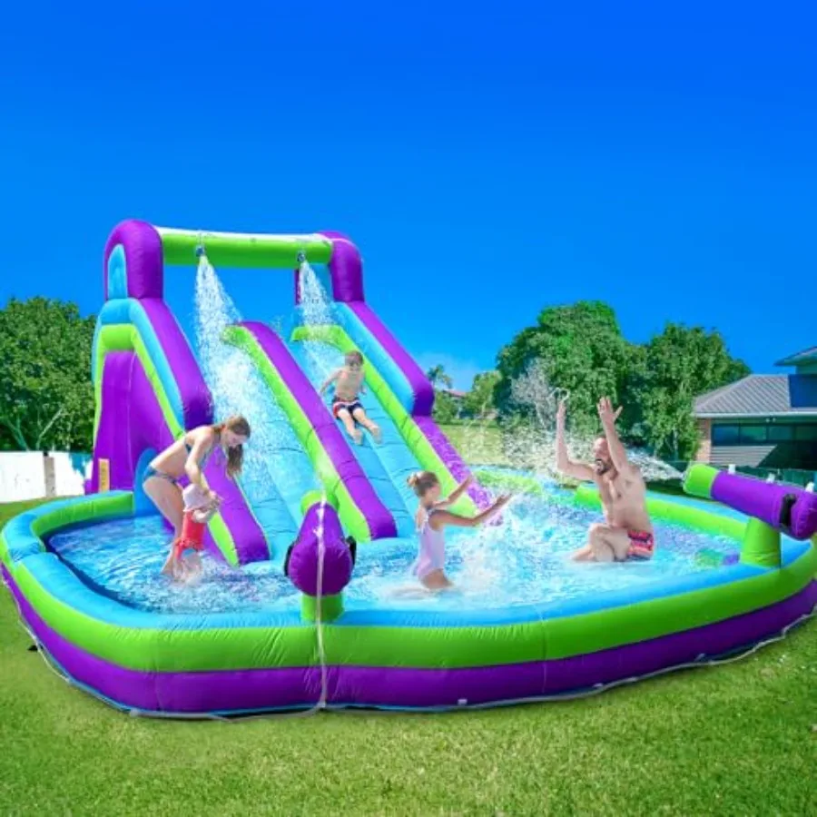 

Inflatable Double Water Slide-17.7FT Large Climber Inflatable Water Park for Big 5-10-Huge Splash Pool-Easy to Set Up Inflate w