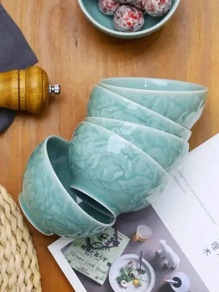 Longquan Celadon Engraved Bowl Ceramic Rice Bowl Chinese Rice Bowl Soup Bowl 