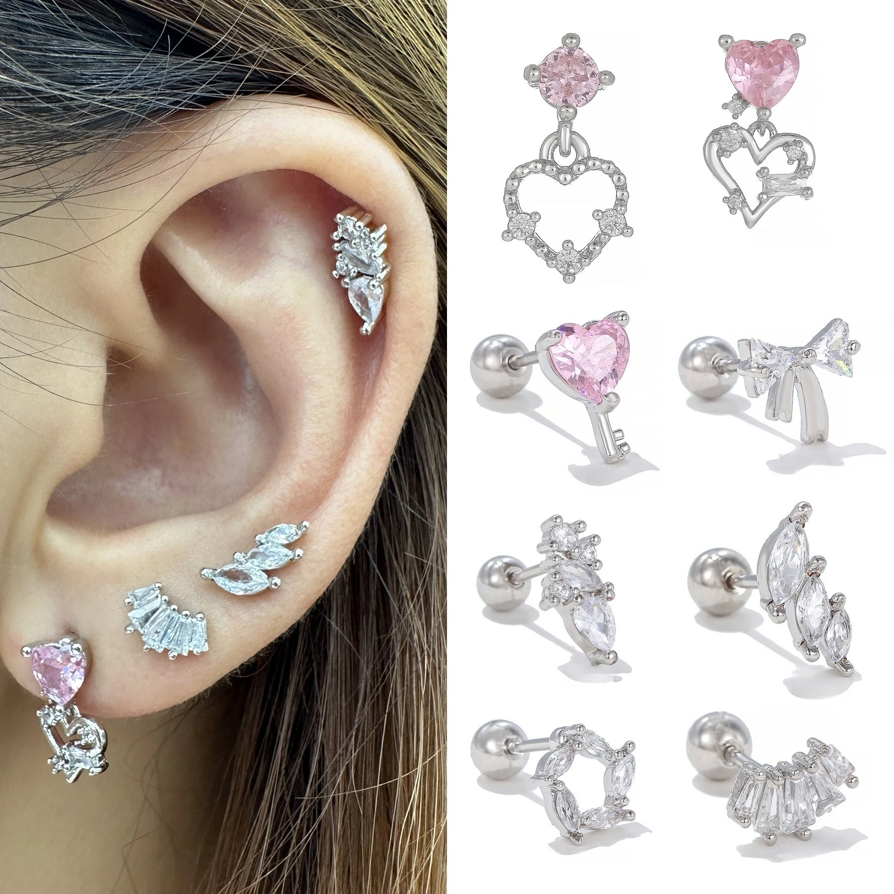 

High Quality Trendy Heart Bowknot Micro-inlaid Pink Zircon Luxury Temperament Body Piercing Ear Bone Studs Jewelry Gift