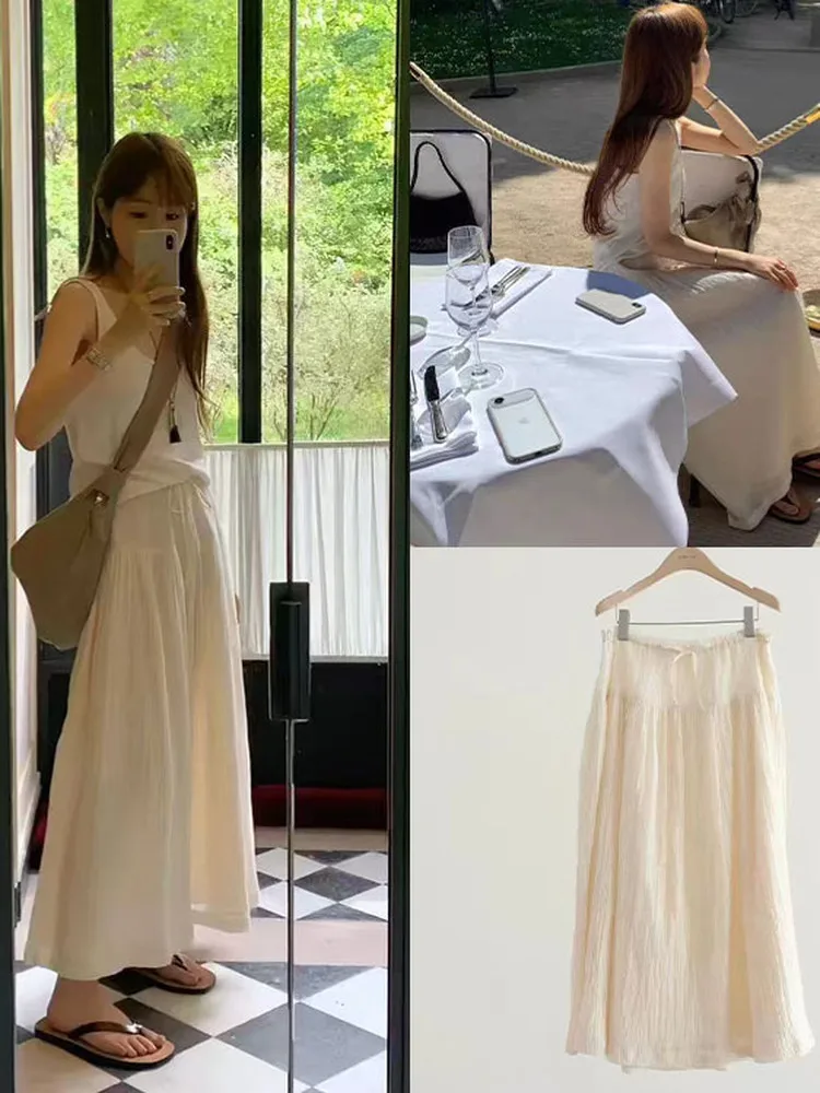 Elegant A-Line  Skirt in Beige Gentle Style Korean Trend High Waist Cotton Material Summer 2026 New Arrival Slimming Effect