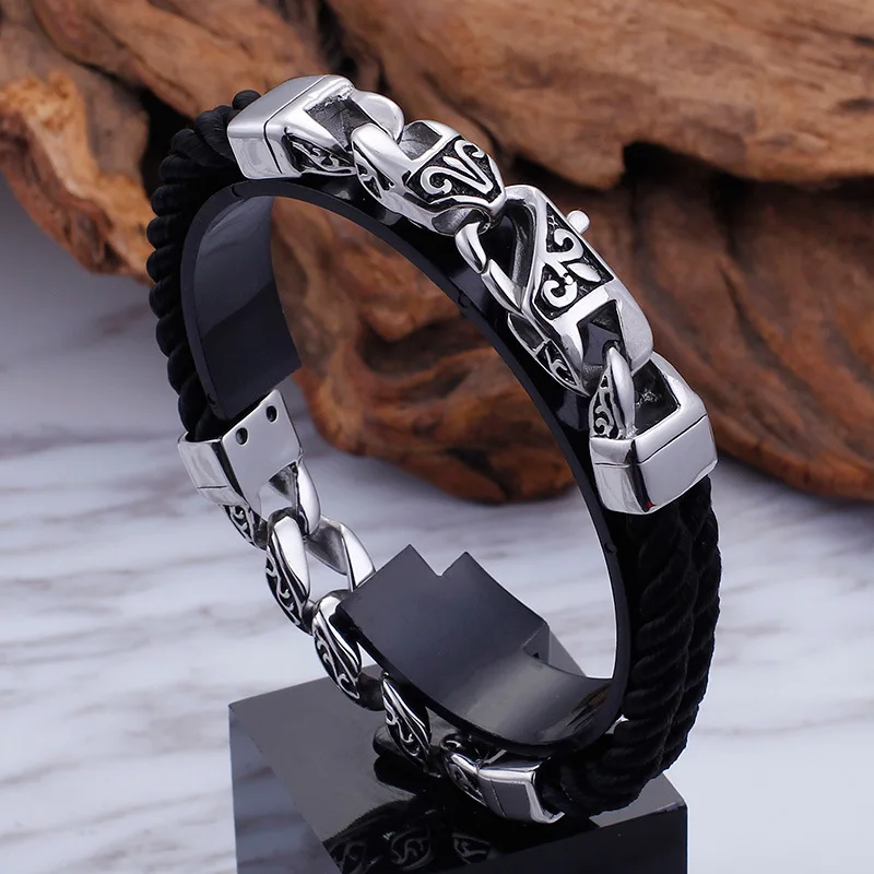 Geometric Men's Stainless Steel Totem Retro Bracelet, Double-layer Nylon Rope Woven Bracelet