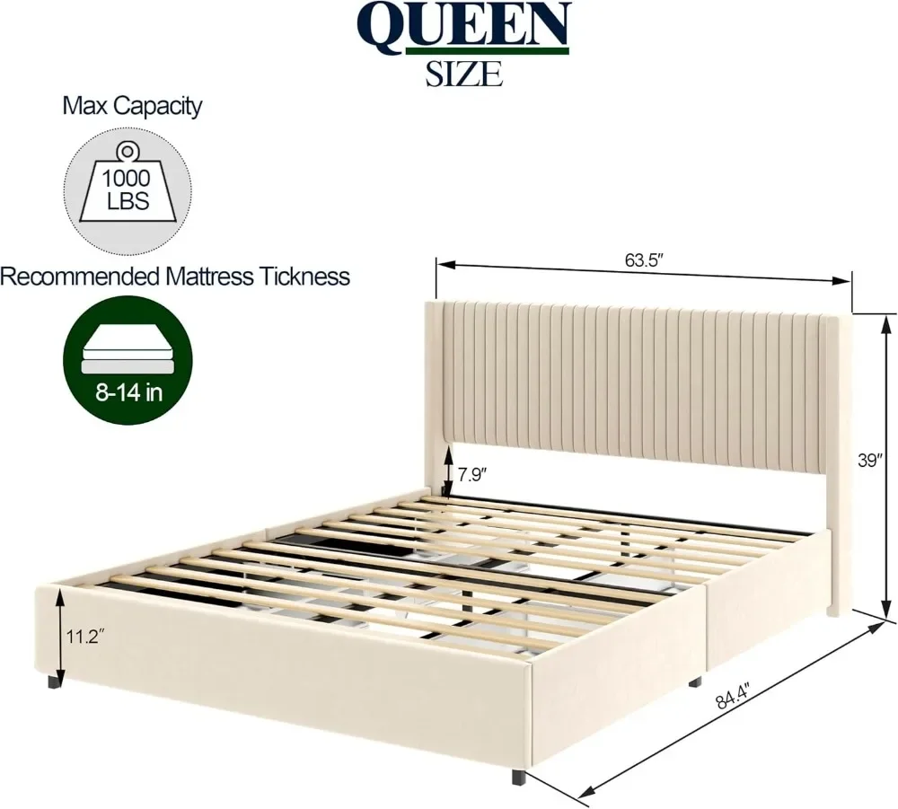 Bingkai kasur Platform ukuran Queen Wingback dengan 4 laci, Headboard desain Modern