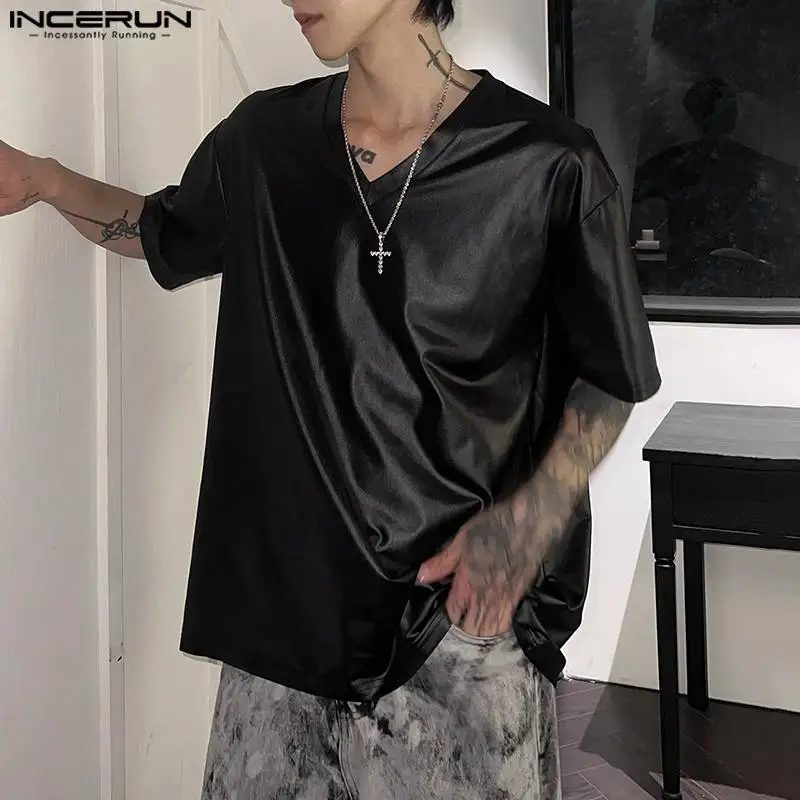 Incerun-男性用半袖Tシャツ,無地,Vネック,ストリートウェア,カジュアル,韓国スタイル,ファッショナブル,夏,2024