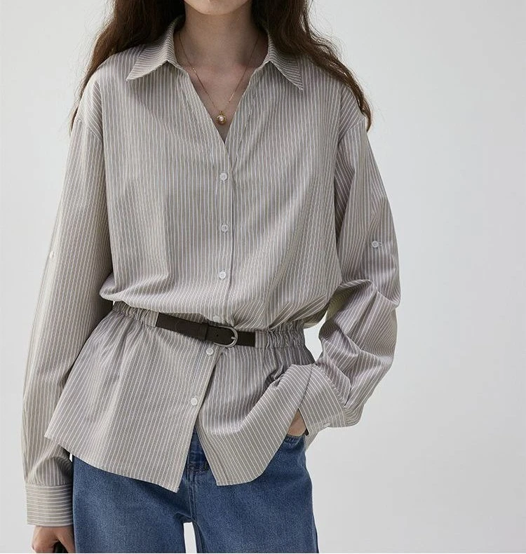Striped 2025 Loose Shirt Autumn Lapel New Style Temperament Commuting Waist Cinched Top Looks Slim