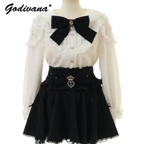 Japanese Style New Autumn and Winter Lace Spliced Big Bow Long Sleeve Shirt Sweet Girl Women's Lolita Blouse Cute Blusas