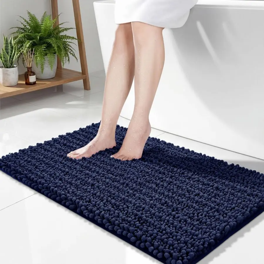 

Slip Bathroom Rug Machine Washable Thick Navy Bath Mat 24x44 Soft Absorbent Bathroom Floor Mat Chenille Bath Rug for Shower Tub