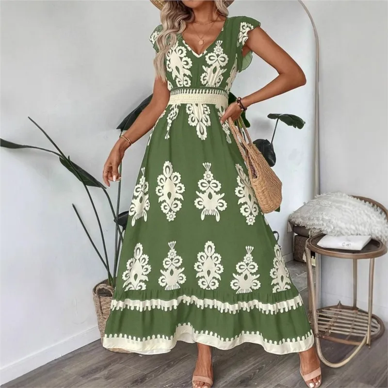 Verão boho férias praia vestido de impressão verão moda cintura alta magro casual decote em v balanço elegante senhoras escritório vestidos longos