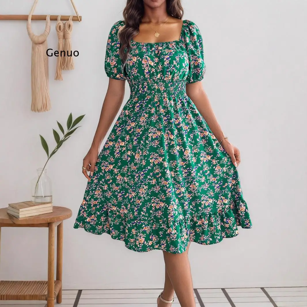 

2026 Women Elegant Floral Print Square Neck Midi Dress Puff Short Sleeve Ruffle Hem Casual Dress for Summer Daily Outingsl