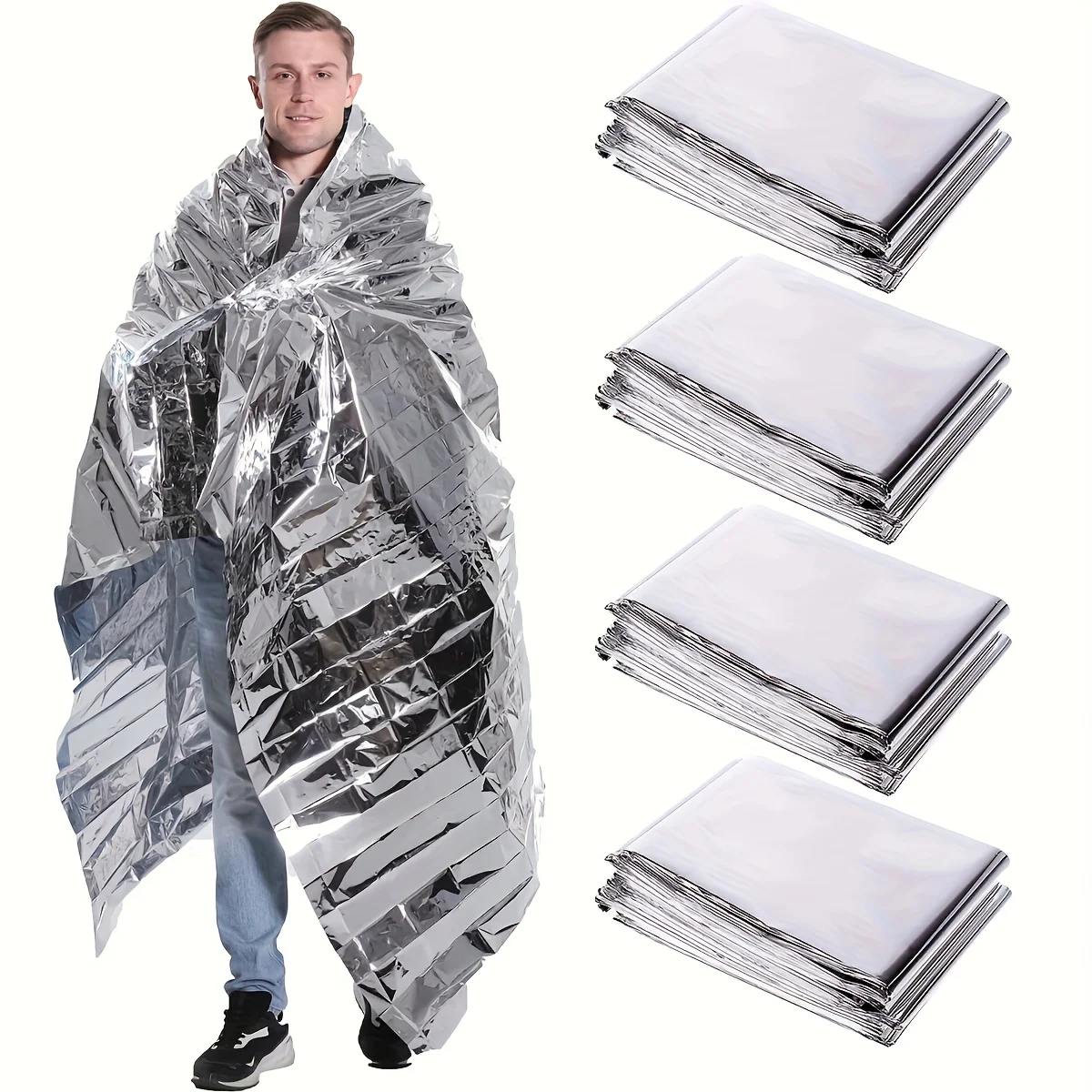 

5pcs Emergency Thermal Blankets - Heavy-Duty PET Survival Blankets, Extra Large 132.08x208.28 cm with Reflective Strip & Eyelets