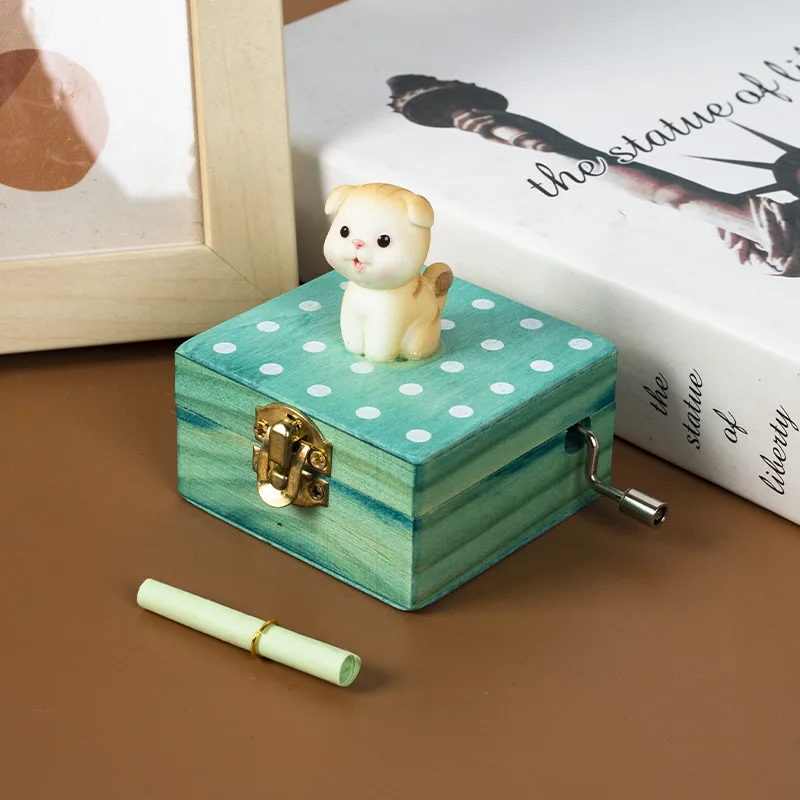 Blue Wooden Musical Cartoon Cat and Dog Rocking Handle Hand-cranked Music Box Exquisite Souvenir