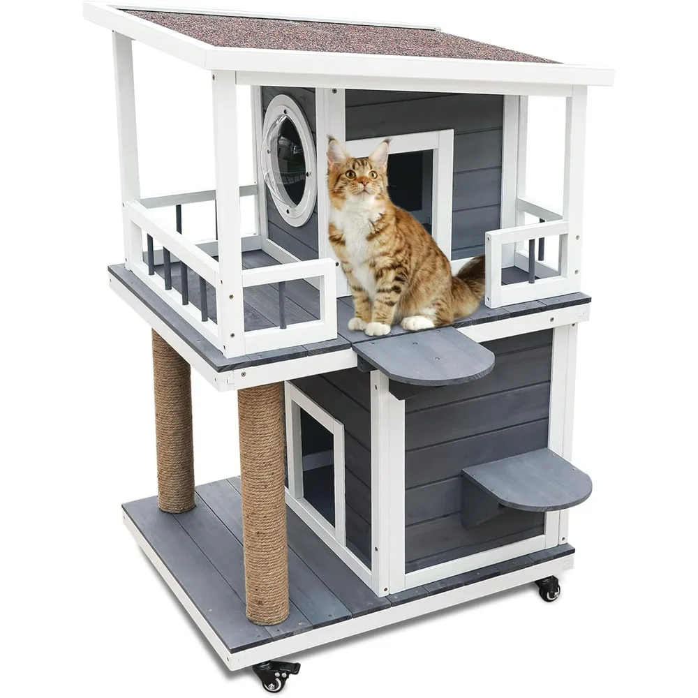 

Cat House, 2 Story Cat Houses for Feral Cats Wooden Outside Cats Shelter Weatherproof with Escape Door & Cats Scratching Post