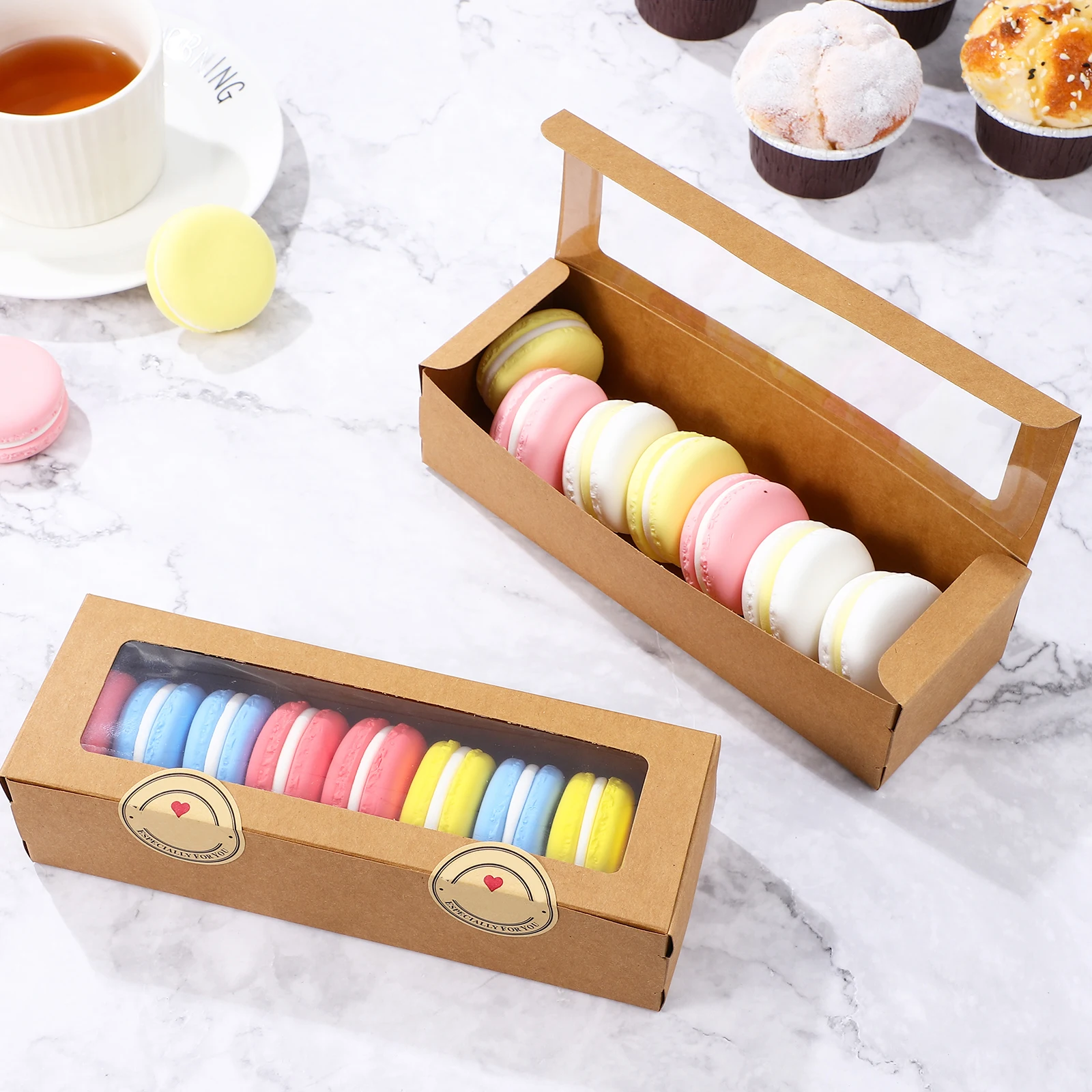 

50 Pcs Macaron Boxes Kraft Paper Baking Supplies Packaging Small Large Sticker Window Display Dessert Home Shop