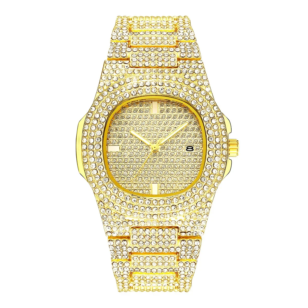 Negócios de luxo ouro relógio masculino cristal vestido relógios diamante aço inoxidável data reloj mujer feminino relógio de pulso de quartzo