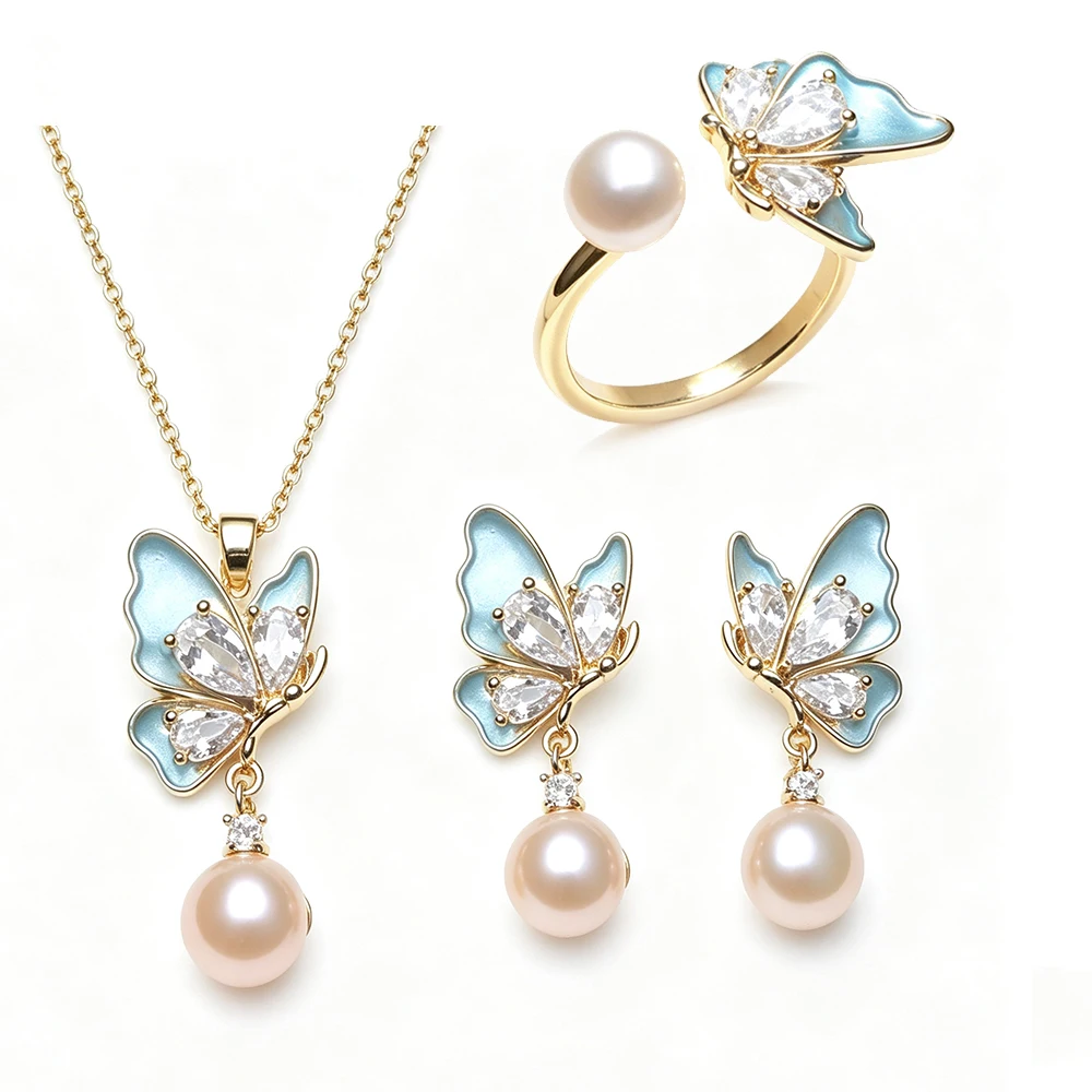 Echtes Süßwasserperlen-Set mit Halskette und Ohrringen, Elegantes 925er Silber Perlen-Ohrringe Anhänger Ring Set Geschenk für Ehefrau Mutter Weiß Schwarz – Detail 3