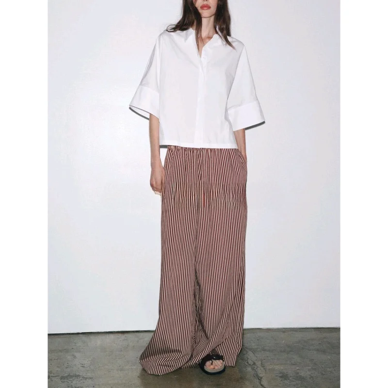 Pantaloni casual in misto viscosa a righe larghe americane da donna della nuova estate Pantaloni a gamba dritta vestibilità ampia a vita media