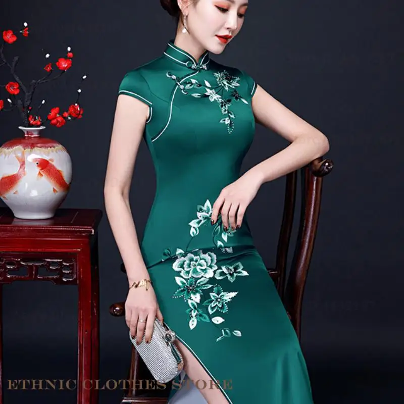 

Traditional Chinese Dress Long Qipao Vintage Classic Embroidery Cheongsam Spring Summer Oversize Women Dress Sexy Slim Vestidos