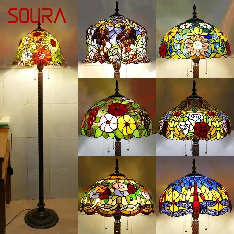 

SOURA Tiffany Floor Lamp American Retro Living Room Bedroom Lamp Country Stained Glass Floor Lamp