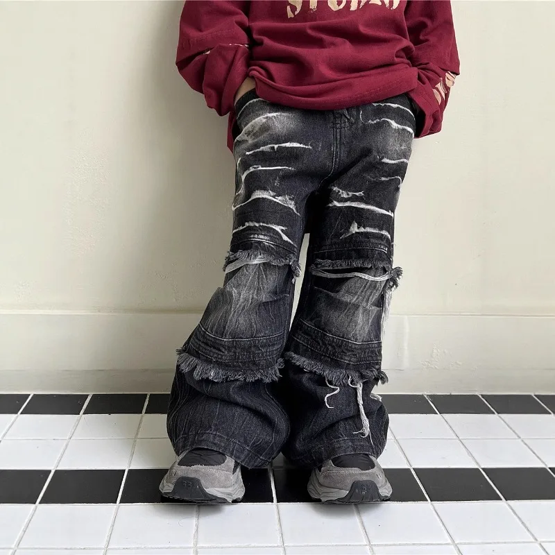 

Boys Jeans 2025 Autumn Korean Style Cool Rock Fashion Black Trendy Special Distressed Vintage Loose Kids Pants
