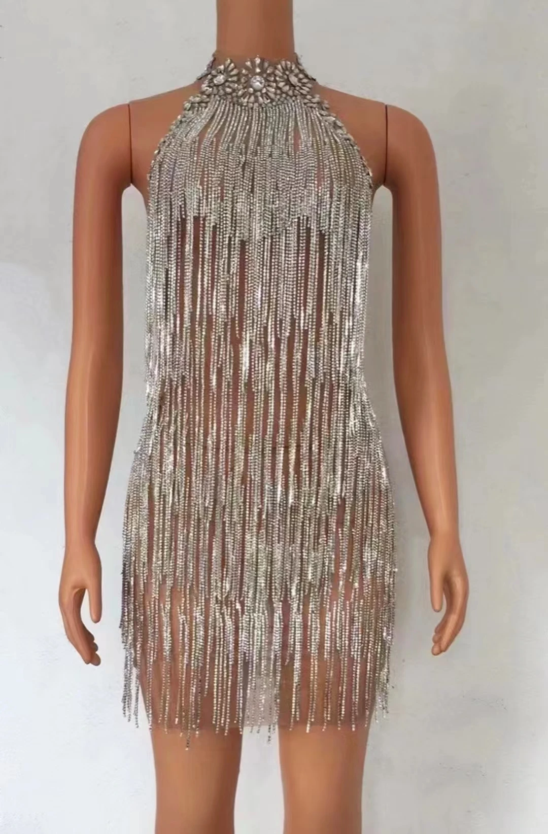 

New Design Sexy Silver Rhinestones CrystalsFringes Backless Dress Evening See ThroughPerformance Evening Stretch Costume A147