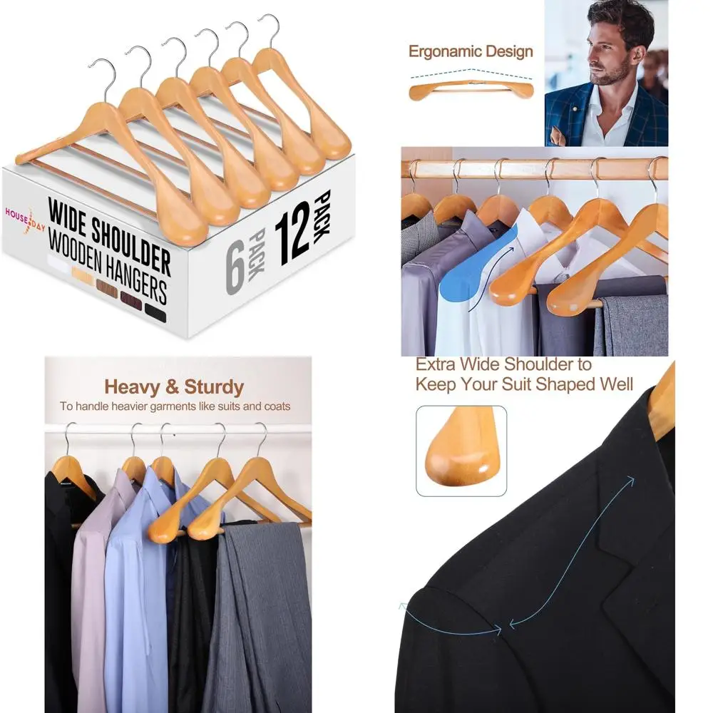 

Набор из 12 вешалок из массива дерева, дизайн с широкими плечами для мужских костюмов, нескользящая планка для брюк, вешалки с гладкой отделкой и ло
