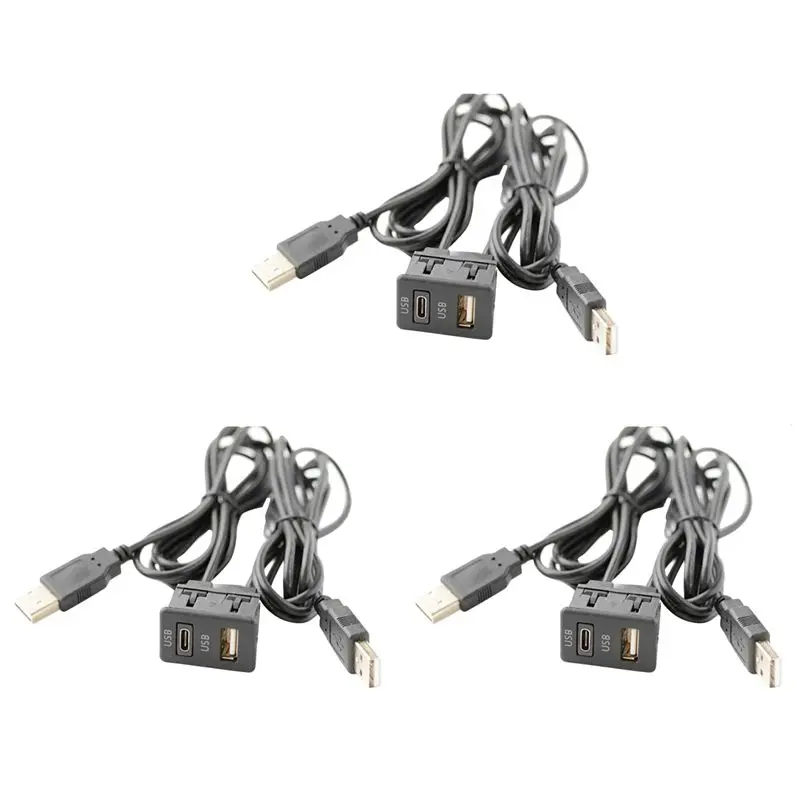 M49K-3 Pcs 150CM Car Dash Flush Mount 2 USB Port Panel Auto Boat Dual USB-TAPYC Extension Cable Adapter For Toyota