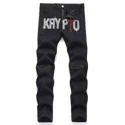 Pantalones vaqueros rasgados elásticos negros para hombre, Jeans ajustados cruzados, pantalones de HIP HOP de calle, pantalones de lápiz de mezclilla de moda, ropa de perforación en caliente, Y2k