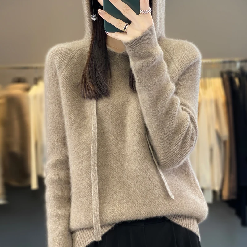 Korean Women\'s Thick Hooded Jumper 100% Merino Wool Hooded Sweater Autumn/Winter New Fashion Warm Knit Top Jacket