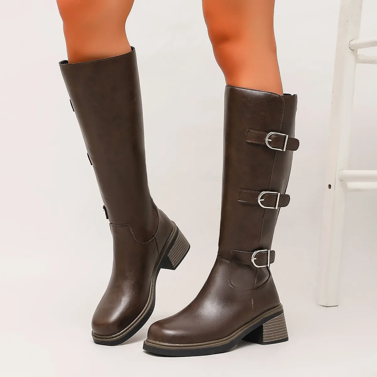 Spring Autumn Women's Solid Color High Quality Buckle Knee-high Boots 2026 New Large Size Anti-Slip Rider Boots Botas Mujer