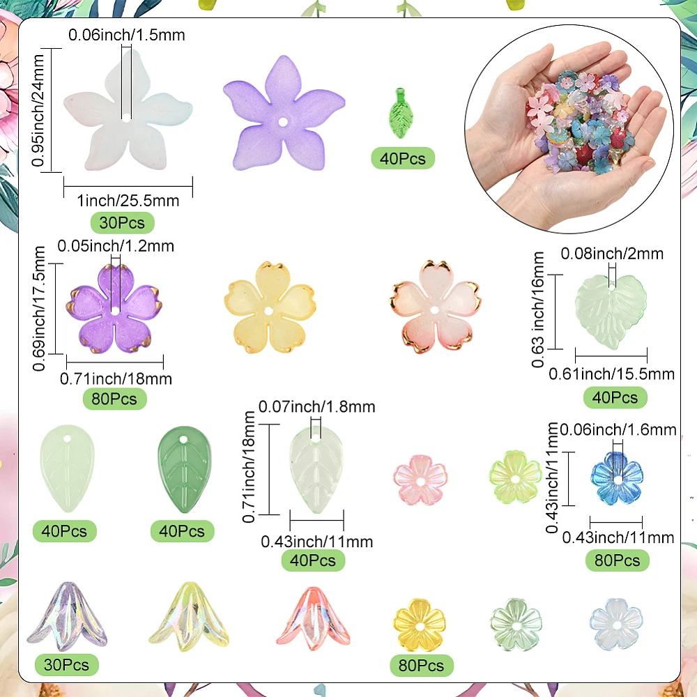1 Box Acrylic Flower and Leaf Beads Assorted Floral Beads Kit Green Pink Small Cute Spring Cherry Lily Caps Blossom Spacer