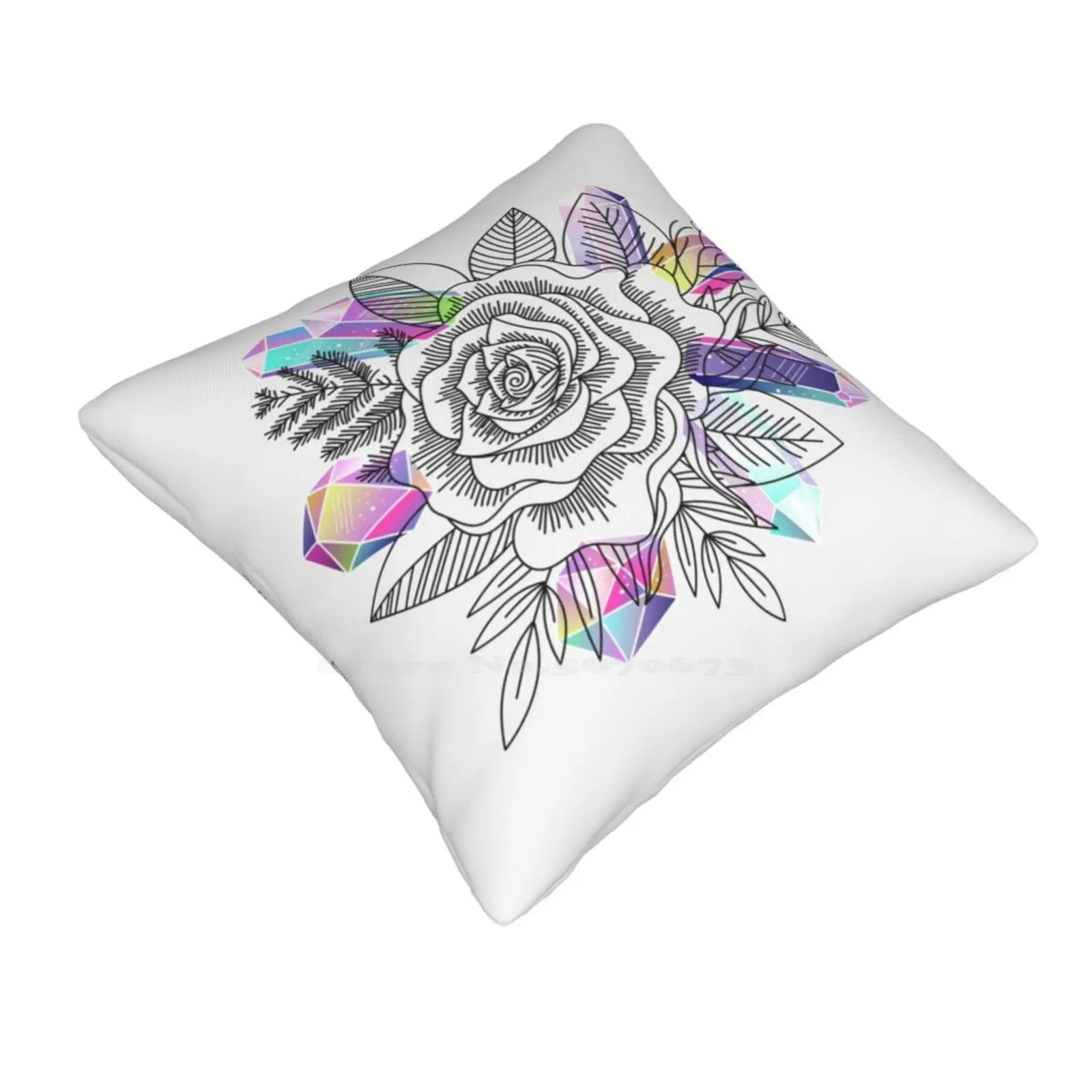 Rose And Crystals Funny Cute Decor Square Pillowcase Rose Crystal Rainbow Flower Floral Foliage Stone Decorative Graphic Branch