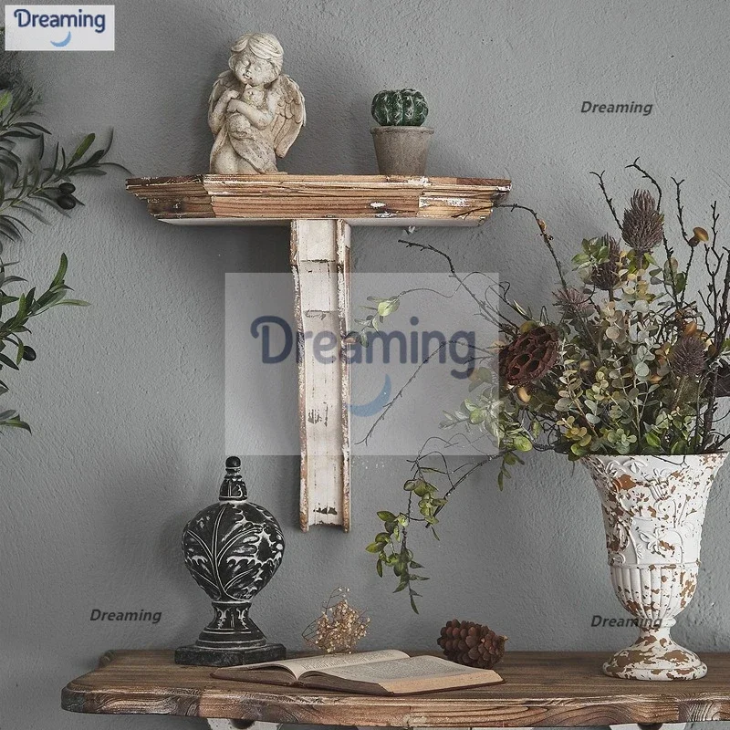 

American retro old wall wooden table, wedding decoration props, simple storage wall rack in the living room of the bed and