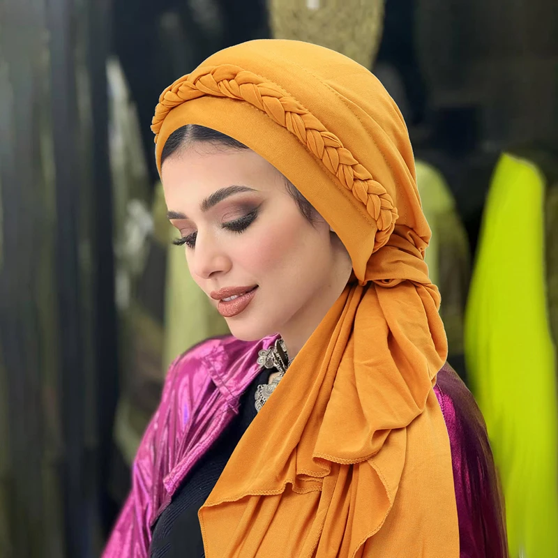 

Сплошной цвет, мусульманские хиджабы, женский платок, тюрбан, шляпа, плетеный дизайн, чехол для волос, новый модный аксессуар, этническая женская повязка для волос, шапка
