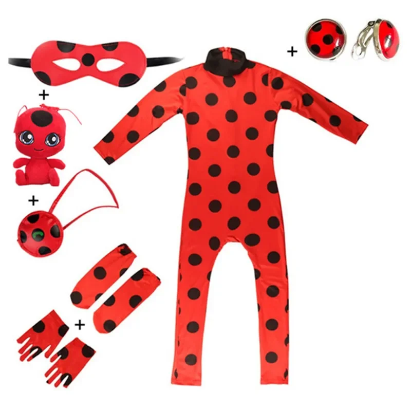 Christmas Child Bug Costume for Girls-Red Dress Up Jumpsuit Mask Bag Easter Marinette Cosplay Costumes Party Little Beetle Suits