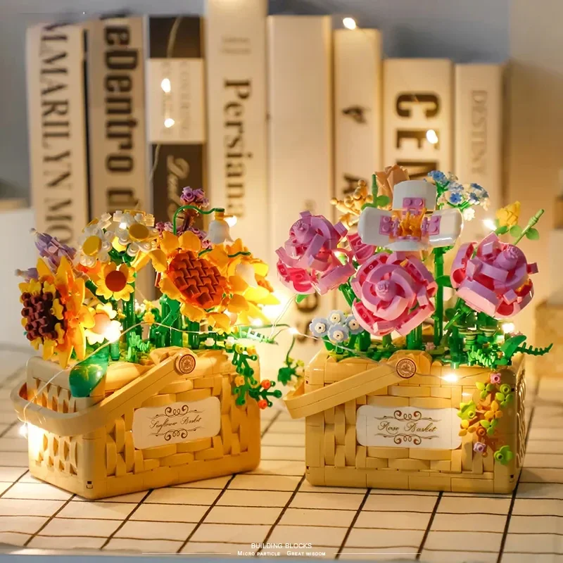 Sunflower Rose Flower Basket With Light Plant Mini Building Blocks Toy Desktop Decoration Adult Romantic Gift Kids Holiday Gifts