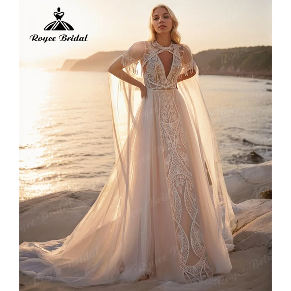 Hippie Flowy Lace Boho Bohemian Backless Wedding Dress with Cape 2025 Customzied Bridal Gown for Women robe mariée bohème Elopem