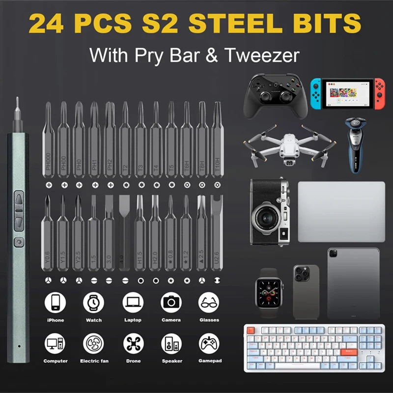 ミニ電動ドライバー 30 in 1 小型電動ドライバーキット LEDライト付き精密コードレス修理ツール（携帯電話、カメラ用）