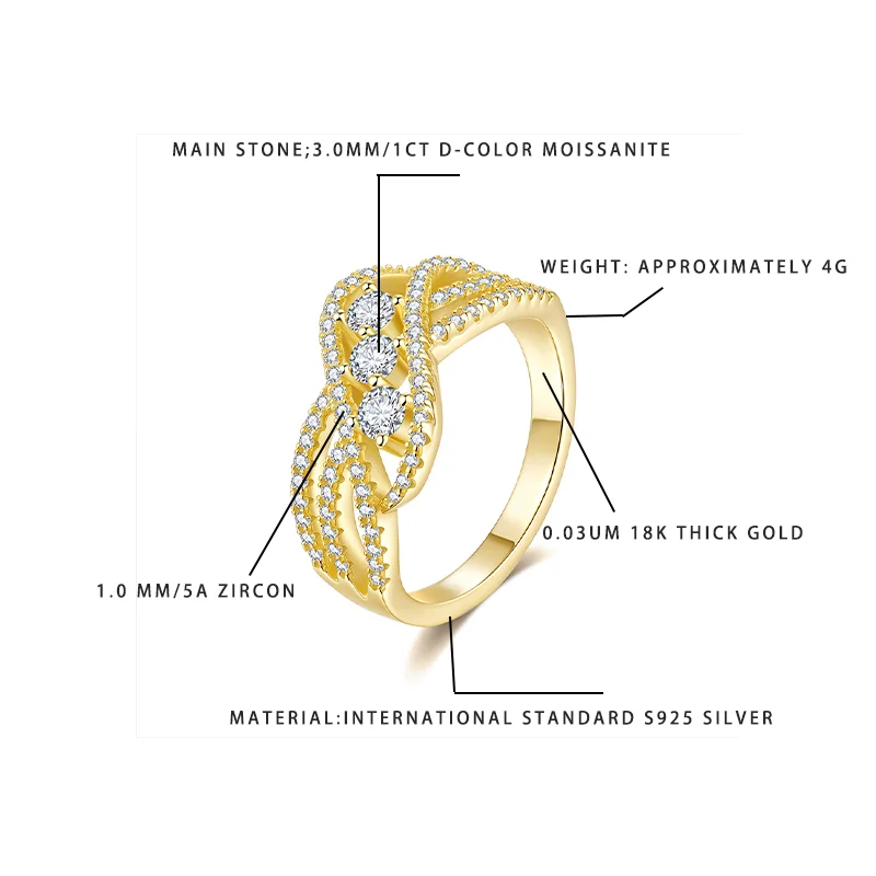 

D-Color Moissanite Cluster Ring 1CT 3.0MM S925 Silver 18K Gold Plated 5A Zircon Women's Elegant Wedding Band