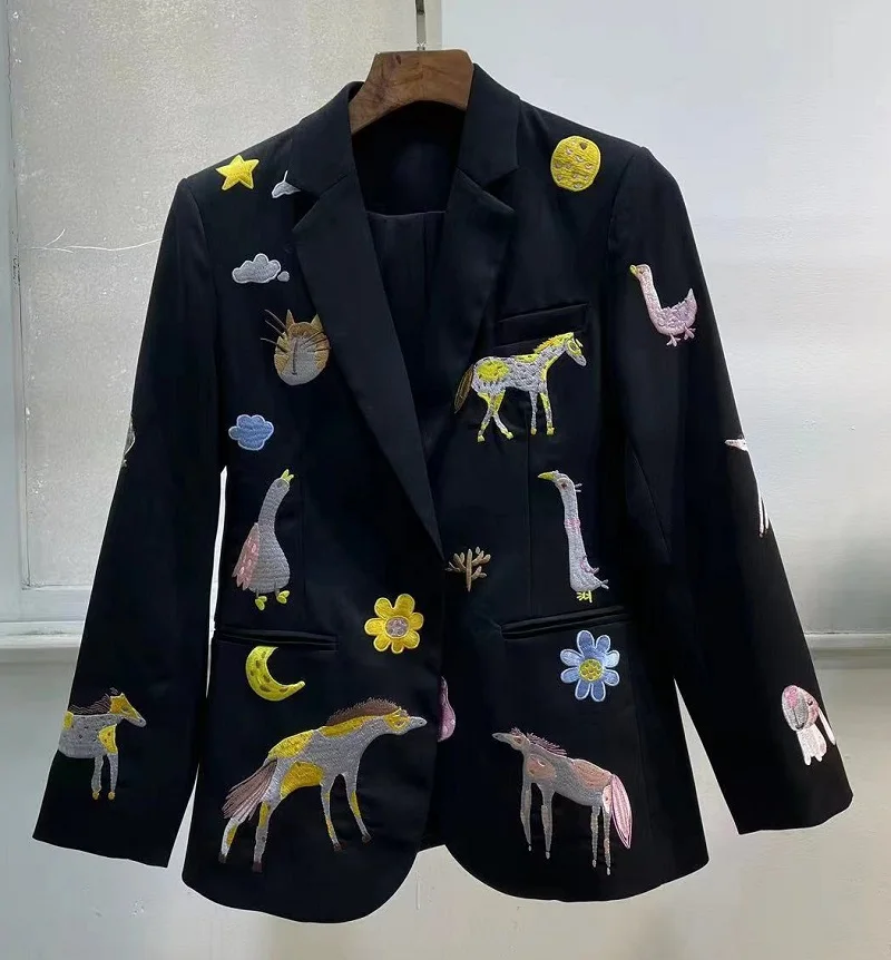 

High Quality New Blazer Coats 2023 Autumn Winter Blazers Women Notched Collar Cute Animal Embroidery Long Sleeve Casuaal Blazers