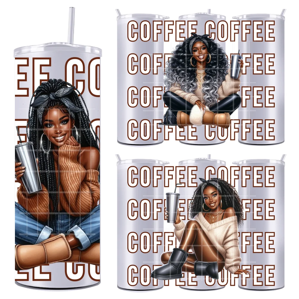 Vinilos decorativos para vasos de 20 onzas, diseño de mujeres afroamericanas con café, protección UV, duraderos, listos para aplicar, para vasos rectos y delgados.