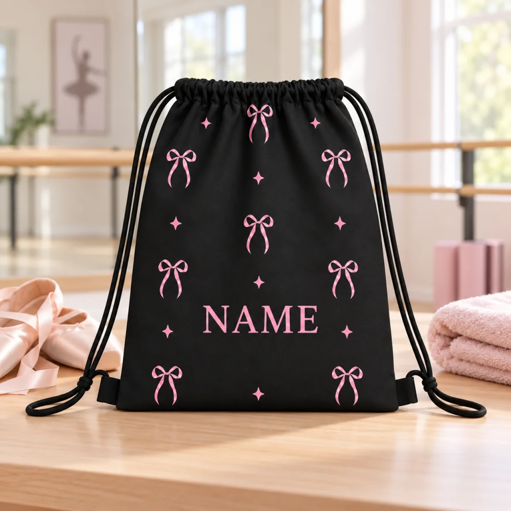 Personalized Custom Name Drawstring Bag,Pink Bow Star Pattern Lightweight Backpack for Girls Travel Birthday Party Daily Storage