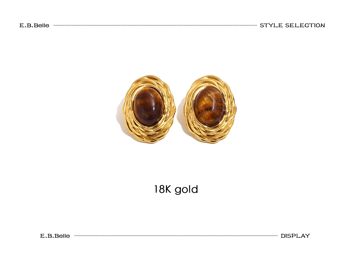 E.B.belle Retro Ovale Tigerauge Ohrstecker 18K Vergoldeter Edelstahl Ohrringe Luxus-Schmuck für Frauen Ohrring Geschenk – Detail 6