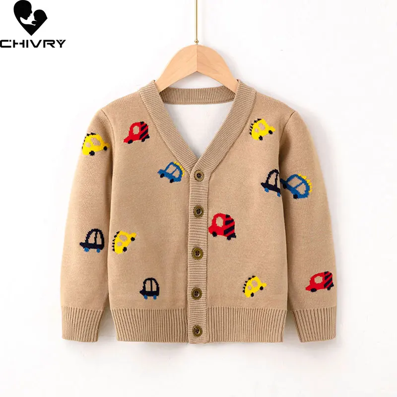 Baby Boys Girls Autumn Winter Thick Cardigans Kids Cartoon Car Jacquard V-neck Long Sleeve Knit Coat Sweaters Children Clothing