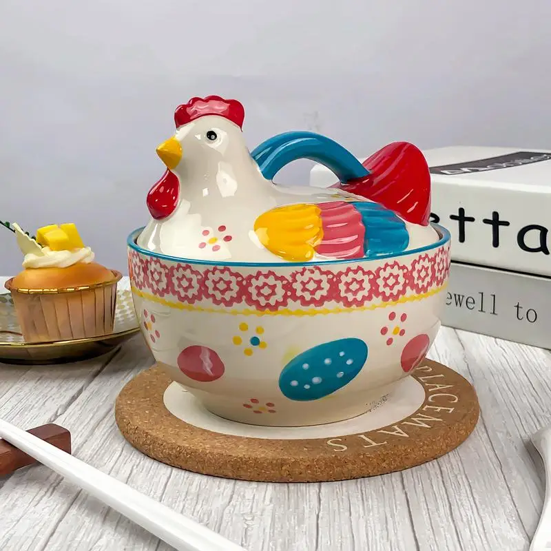 Ceramic Colorful Chicken Shape With lid Bowls Fruit Salad Dessert Soup Instant Noodle Bowl Home Restaurant Kitchen Supplies, 1Pc