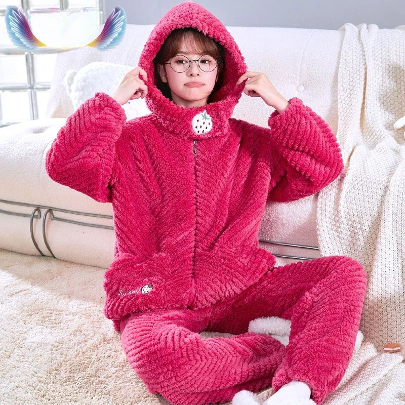 Flannel Ladies Spring/Autumn Coral Fleece Girls Homewear Set Pijama Ladies Pyjamas Autumn Winter Plus Fleece Thickened Lovely