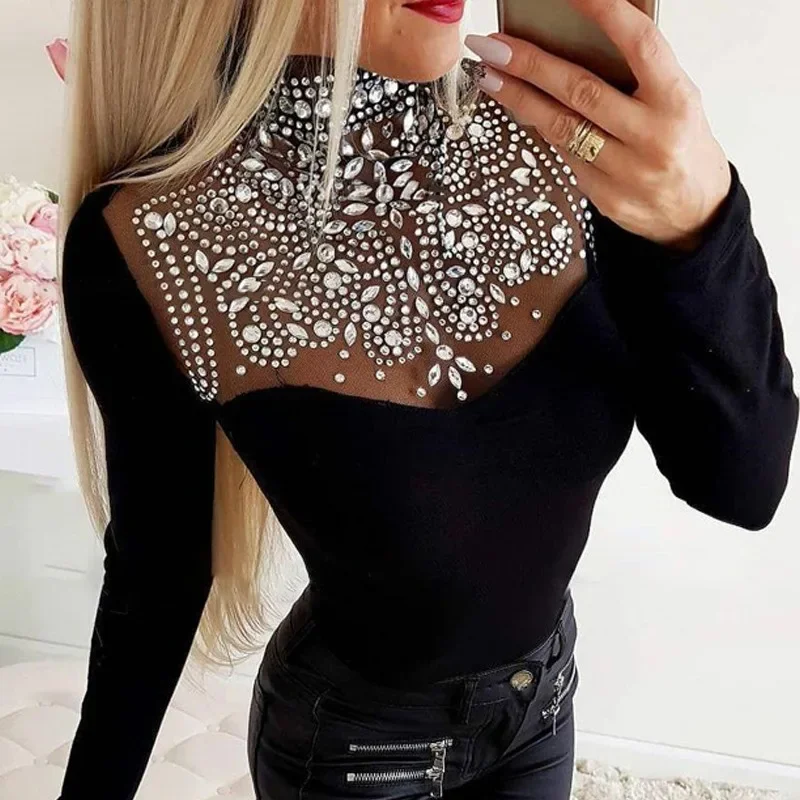 Patchwork Sexy Tshirts Tops See Through Trend Rhinestone Mesh Tshirt Top Women Long Sleeve Skinny Slim Fit Spring Sexy Tshirt