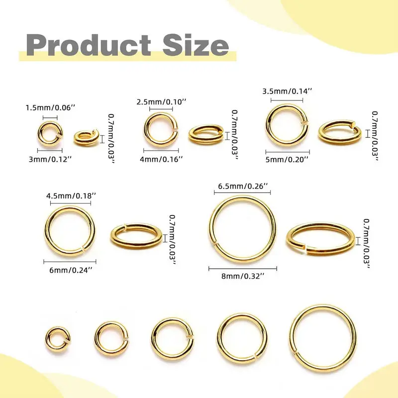 100PCS 18K Gold Plated Jump Rings 3-8mm Non Tarnish Open Jump Rings for Jewelry Making DIY Necklace Bracelet Earrings Supplies