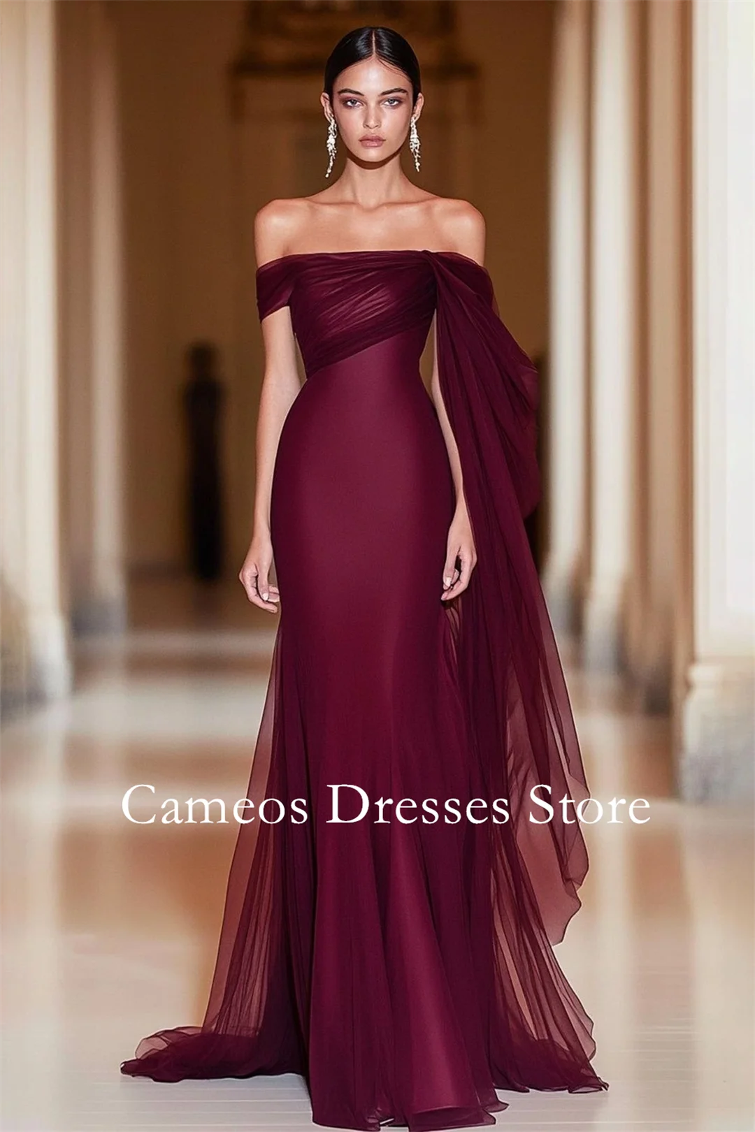 

SONDR Korea Off the Shoulder Burgundy Short Sleeves Mermaid Evening Dress Customized Formal Prom Dress Simple 웨딩드레스 Occasion