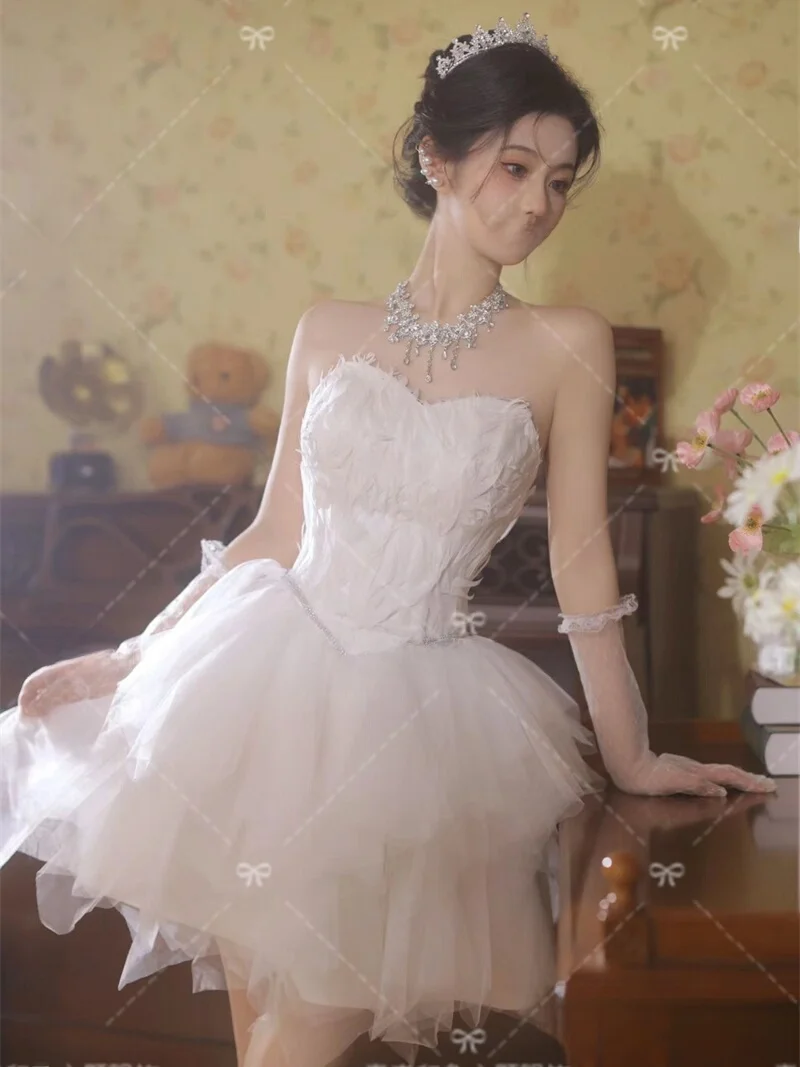 Traje de Fotografía de Ballet con Falda de Plumas Blancas Dreamy Pure Desire, Nueva Llegada al Guardarropa de Fotografía de Estudio