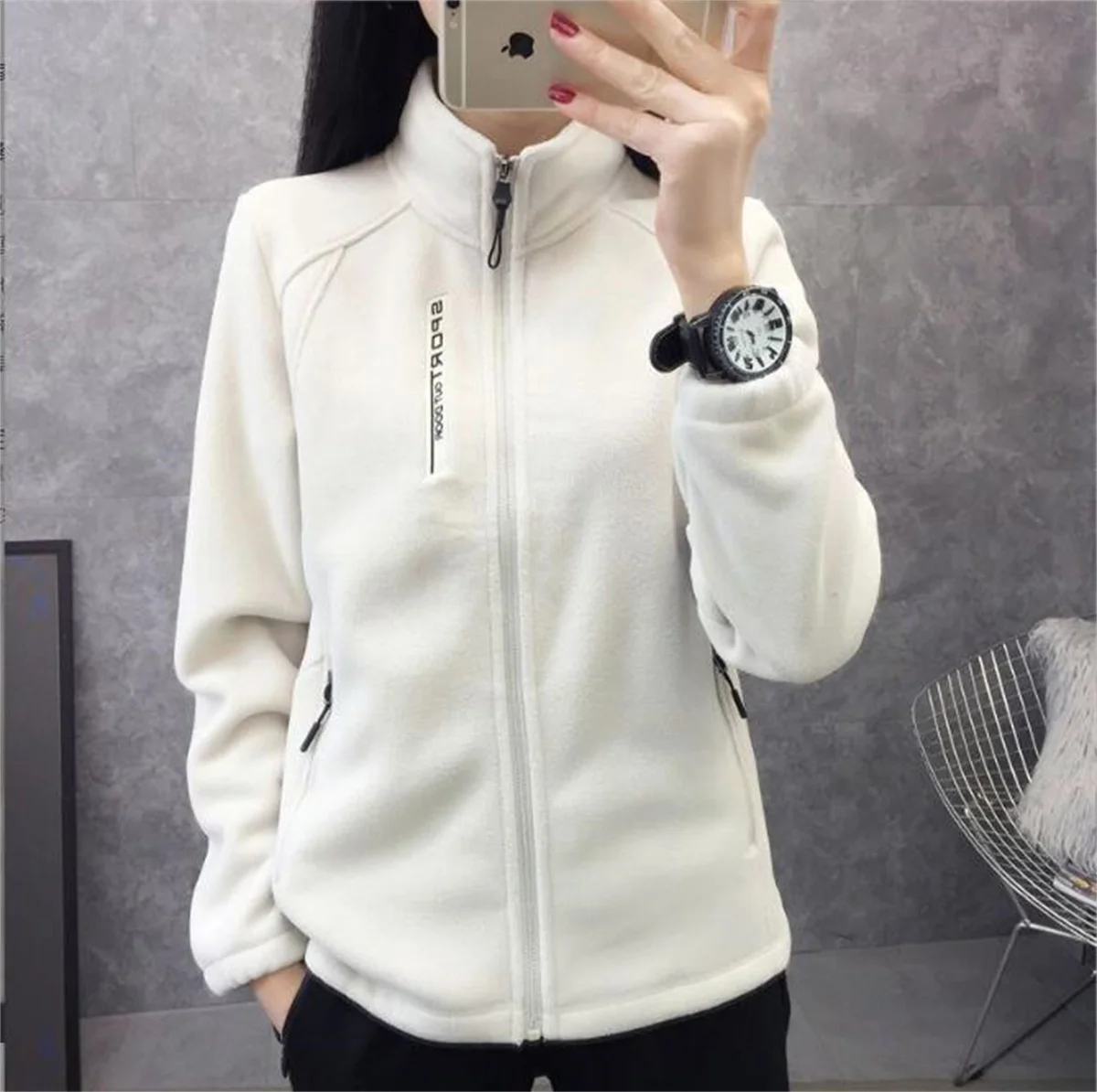 Women Autumn Winter Fleece Coat Plus Size Zipper Stand Collar Sweatershirt Casual Loose Outdoor Coat Long Sleeve Cardigan Jacket