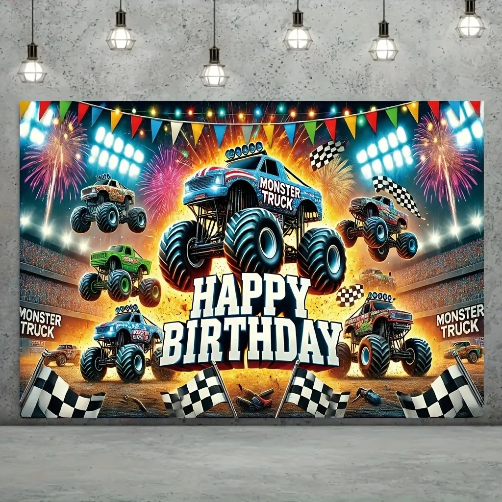 Fondo con temática de camión monstruo, suministros para fiesta de feliz cumpleaños, mermelada, llama ardiente, coche, excavadora de tumbas, fondo de fotografía para niños